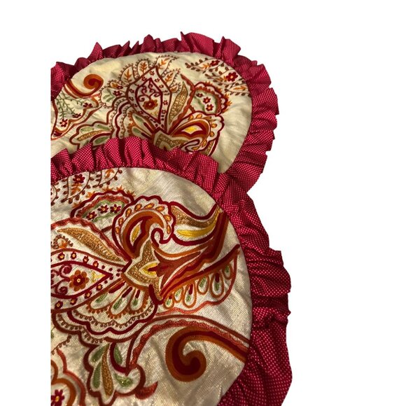 VTG Pier 1 Round Boho Ruffle Pillow Set Red Polka Dot Embroidered Floral Design - Picture 3 of 16